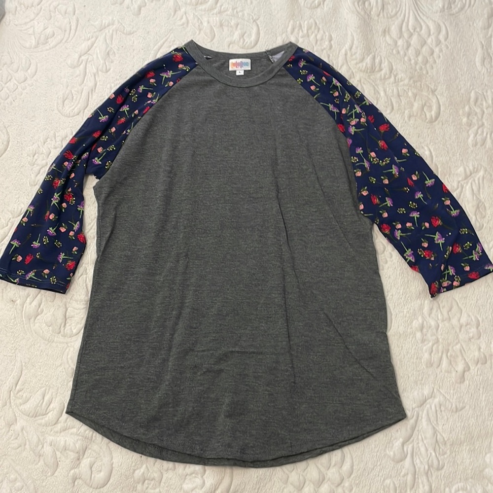 LuLaRoe baseball tee with floral sleeves